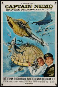 1j150 CAPTAIN NEMO & THE UNDERWATER CITY 1sh '70 artwork of cast, scuba divers & cool ship