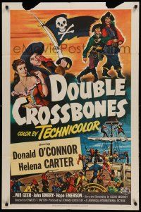 1j254 DOUBLE CROSSBONES 1sh '51 artwork of pirate Donald O'Connor & Helena Carter by ship!