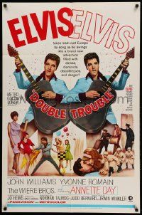 1j256 DOUBLE TROUBLE 1sh '67 cool mirror image of rockin' Elvis Presley playing guitar!