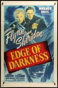 1j274 EDGE OF DARKNESS 1sh '42 great image of Errol Flynn & Ann Sheridan, both pointing guns!