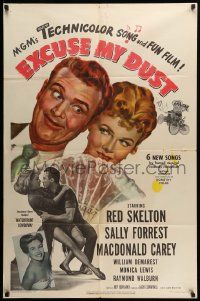 1j302 EXCUSE MY DUST 1sh '51 art of Red Skelton being kissed by two pretty girls!