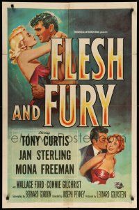1j343 FLESH & FURY 1sh '52 boxer Tony Curtis has fury in his fists & naked hunger in his heart!