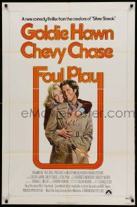1j350 FOUL PLAY 1sh '78 wacky Lettick art of Goldie Hawn & Chevy Chase, screwball comedy!