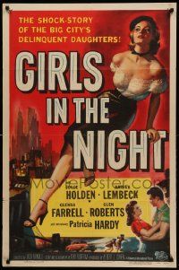 1j374 GIRLS IN THE NIGHT 1sh '53 great art of barely dressed sexy bad girl Joyce Holden w/beret!