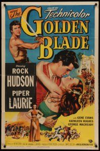 1j384 GOLDEN BLADE 1sh '53 close-up art of Rock Hudson & sexy Piper Laurie!