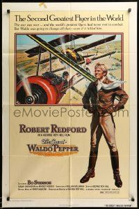 1j393 GREAT WALDO PEPPER 1sh '75 Robert Redford, aviation art on yellow background by Gary Meyer!