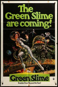 1j395 GREEN SLIME int'l 1sh '69 classic cheesy sci-fi, art of sexy astronaut & monster by Vic Livoti