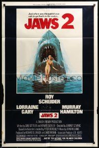 1j469 JAWS 2 1sh '78 great classic art of giant shark attacking girl on water skis by Lou Feck!