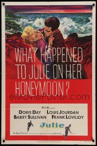 1j477 JULIE 1sh '56 what happened to Doris Day on her honeymoon with Louis Jourdan?