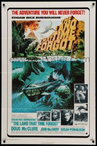 1j512 LAND THAT TIME FORGOT 1sh '75 Edgar Rice Burroughs, cool George Akimoto dinosaur art!