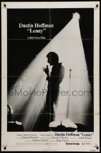 1j523 LENNY 1sh '74 cool image of Dustin Hoffman as comedian Lenny Bruce at microphone!