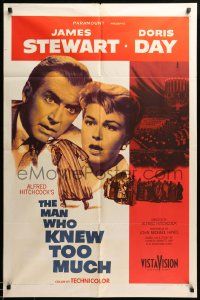 1j573 MAN WHO KNEW TOO MUCH 1sh '56 James Stewart & Doris Day, directed by Alfred Hitchcock!