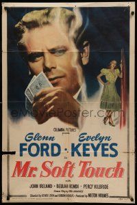 1j606 MR. SOFT TOUCH 1sh '49 gambler Glenn Ford studies his poker hand, sexy Evelyn Keyes!