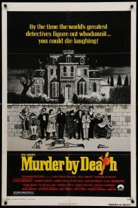 1j609 MURDER BY DEATH 1sh '76 great Charles Addams art of cast by dead body, yellow title design!