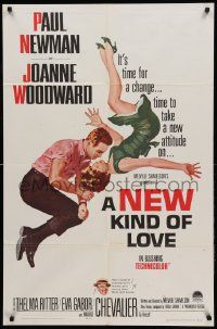 1j630 NEW KIND OF LOVE 1sh '63 Paul Newman loves Joanne Woodward, great romantic image!