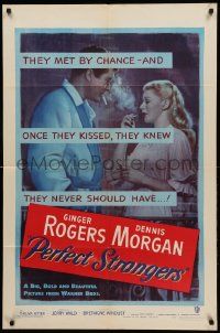 1j680 PERFECT STRANGERS 1sh '50 artwork of pretty Ginger Rogers smoking with Dennis Morgan!