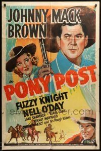1j698 PONY POST 1sh '40 Johnny Mack Brown, Fuzzy Knight, cool western artwork!