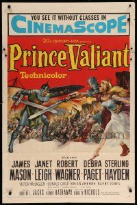 1j710 PRINCE VALIANT 1sh '54 artwork of Robert Wagner in armor saving sexy Janet Leigh!
