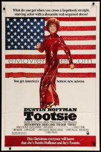 1j908 TOOTSIE advance 1sh '82 great full-length image of Dustin Hoffman in drag by American flag!