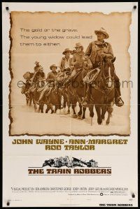 1j920 TRAIN ROBBERS style B 1sh '73 cowboy John Wayne & Ann-Margret on horseback!