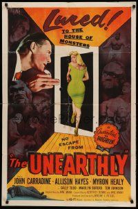1j938 UNEARTHLY 1sh '57 John Carradine & sexy Sally Todd lured to the house of monsters!