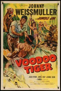 1j957 VOODOO TIGER 1sh '52 cool action art of Johnny Weissmuller as Jungle Jim!