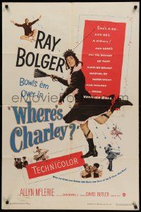 1j970 WHERE'S CHARLEY 1sh '52 great artwork of wacky cross-dressing Ray Bolger!