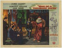 1k819 MAN OF A THOUSAND FACES LC #4 '57 James Cagney as Lon Chaney Sr. in clown makeup at sideshow!