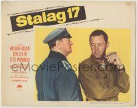 1k934 STALAG 17 LC #4 '53 close up of William Holden & Sig Ruman, Billy Wilder WWII classic!
