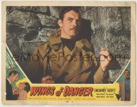1k987 WINGS OF DANGER LC #4 '52 c/u of Zachary Scott holding gun, Terence Fisher film noir!