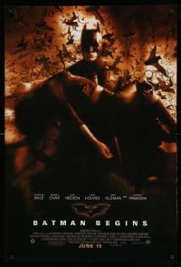 1r497 BATMAN BEGINS advance DS 1sh '05 June 15, Christian Bale carrying Katie Holmes, bats!