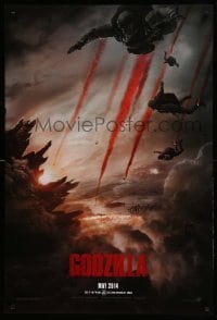 1r631 GODZILLA teaser DS 1sh '14 image of soldiers parachuting over burning San Francisco!