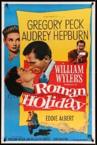 1r123 ROMAN HOLIDAY 26x40 REPRO poster '80s Hepburn & Peck about to kiss and riding on Vespa!