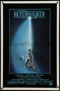 1r848 RETURN OF THE JEDI 1sh '83 George Lucas, art of hands holding lightsaber by Tim Reamer!