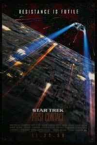 1r925 STAR TREK: FIRST CONTACT int'l advance DS 1sh '96 image of starship Enterprise above Borg cube