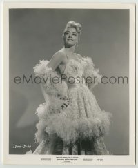 1s285 DOROTHY MALONE 8.25x10 still '57 portrait in feathered gown from Man of a Thousand Faces!