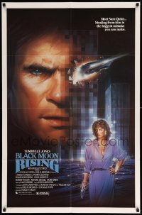1t112 BLACK MOON RISING 1sh '86 wild Chorney art of car driving out of Tommy Lee Jones' face!