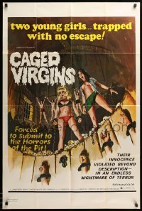 1t153 CAGED VIRGINS 1sh '73 two sexy young girls trapped with no escape, great horror art!
