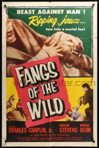 1t282 FANGS OF THE WILD 1sh '54 great image of Shep the Wonder Dog tearing into his foe!