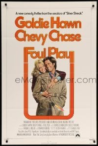 1t312 FOUL PLAY 1sh '78 wacky Lettick art of Goldie Hawn & Chevy Chase, screwball comedy!