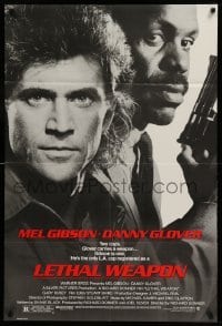 1t471 LETHAL WEAPON 1sh '87 great close image of cop partners Mel Gibson & Danny Glover!
