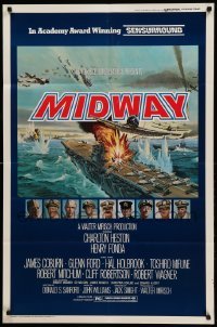 1t539 MIDWAY 1sh '76 Charlton Heston, Henry Fonda, dramatic naval battle art!