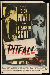 1t632 PITFALL 1sh '48 Dick Powell is as strong as steel but Lizabeth Scott will break him!