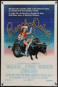 1t663 RANCHO DELUXE style B 1sh '75 John Alvin art of sexy cowgirl riding wacky bull car!