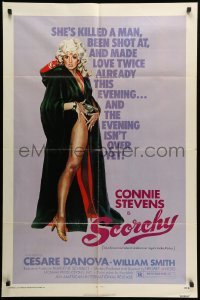 1t708 SCORCHY 1sh '76 full-length art of sexiest barely-dressed Connie Stevens in black cape!
