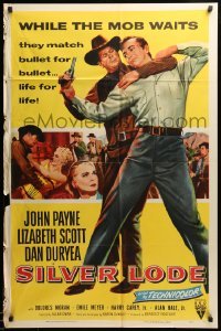 1t740 SILVER LODE style A 1sh '54 art of cowboy John Payne in fight, sexy Lizabeth Scott!