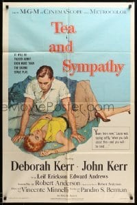 1t847 TEA & SYMPATHY 1sh '56 great artwork of Deborah Kerr & John Kerr by Gale, classic tagline!