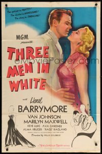 1t871 THREE MEN IN WHITE 1sh '44 Barrymore, Van Johnson, sexy Marilyn Maxwell, Hirschfeld art!