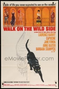 1t943 WALK ON THE WILD SIDE 1sh '62 cool artwork of black cat on stairs & sexy stars on balcony!