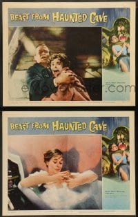 1w826 BEAST FROM HAUNTED CAVE 2 LCs '59 Roger Corman, censored border art of monster with victim!